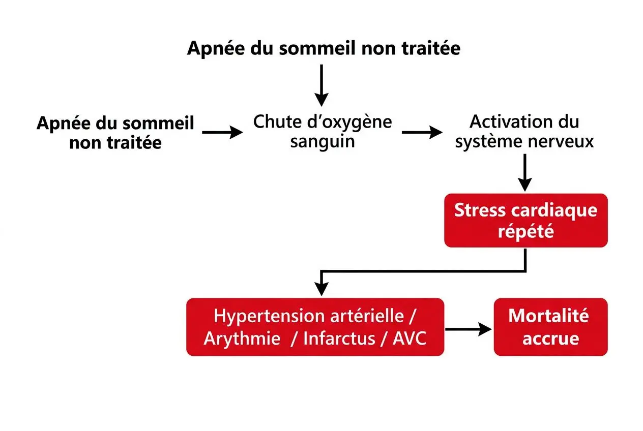 Diagramme conceptuel sur l’apnée du sommeil non traitée menant à l’hypoxie, activation du système nerveux, stress cardiaque et risque accru de mortalité et d’affections cardio-vasculaires. Apnée du sommeil espérance de vie.