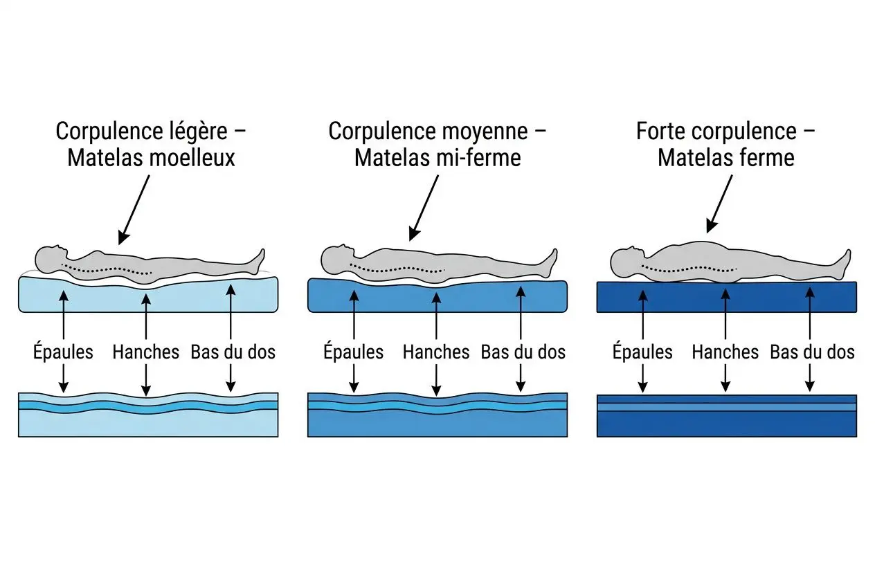 Diagramme montrant trois niveaux de fermeté de matelas: léger, moyen et ferme, avec schéma du dos, épaules et hanches en alignment.