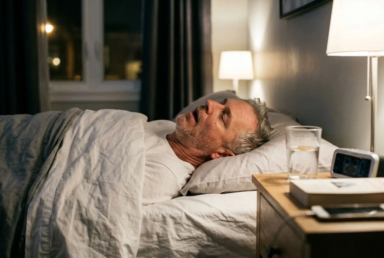 Homme âgé dormant dans un lit, épaule recouverte de couverture, réveil et verre d’eau sur la table de chevet. Alt text intégrant subtilement au besoin le mot-clé.