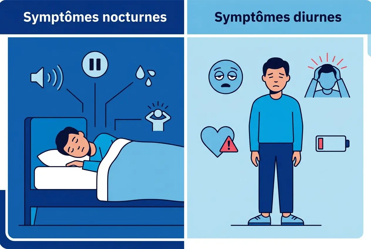 Symptômes nocturnes et diurnes représentés: personne dormant sous couette, icônes et signes indiquant des troubles du sommeil; homme éveillé: fatigue, mal de tête, pouls et icônes liées. Intègre naturellement "apnée du sommeil espérance de vie".