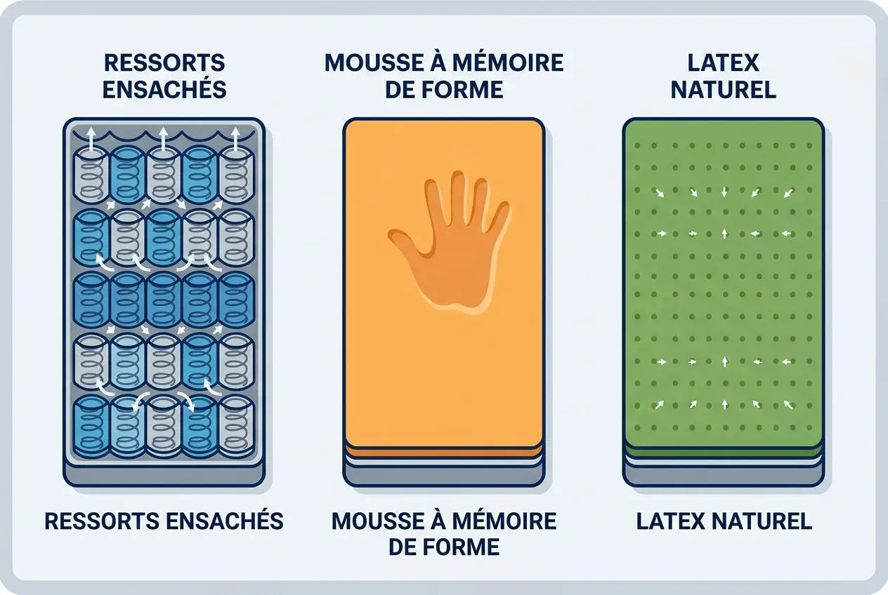 Trois types de matelas: ressorts ensachés, mousse à mémoire de forme et latex naturel, chacun illustré par ses ressorts, une main sur mousses, et une surface à picots. Matelas mal de dos.