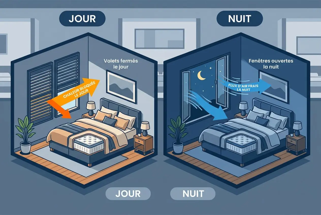Diagramme illustrant les conseils jour et nuit pour mieux dormir pendant la canicule: fenêtres ouvertes la nuit, volets fermés le jour, flux d’air frais nocturne, ambiance chambre prête à dormir. Comment dormir pendant la canicule.