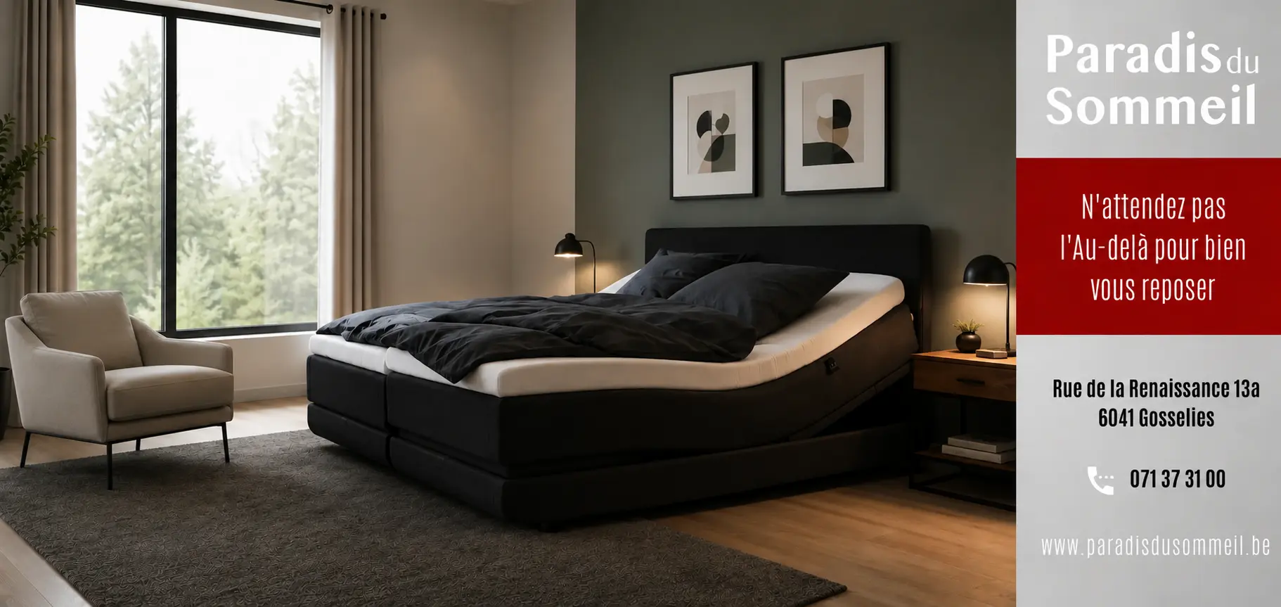 Lit boxspring haut de gamme avec sommier intégré et grand cadre noir, près d’un lit posé, ambiance chaleureuse et lumineuse. Avantage d'un lit boxspring appréciable.