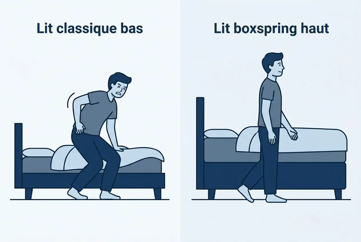 Lit classique bas et lit boxspring haut montrant l’« avantage d'un lit boxspring » avec une personne se levant du lit haut et confort supérieur.