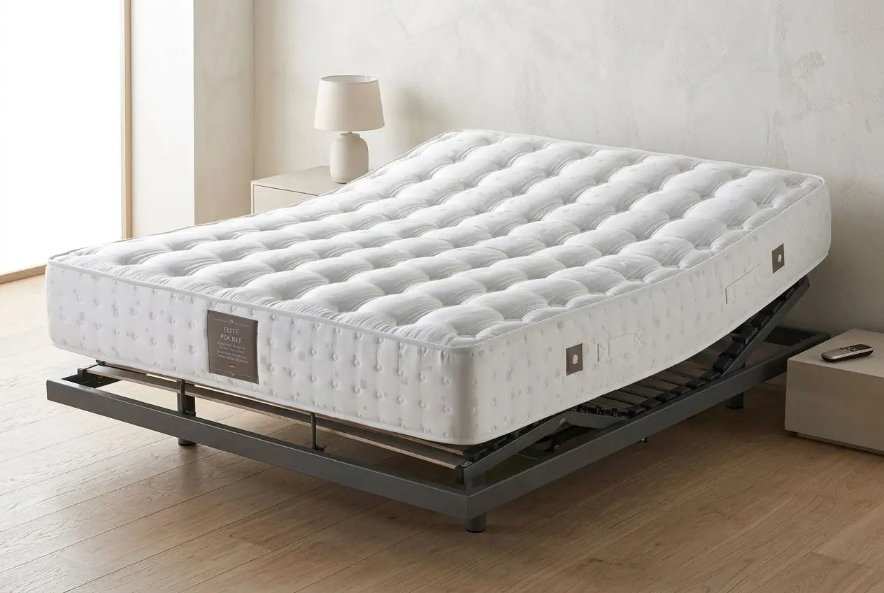 Matelas sur sommier électrique en hauteur ajustable, posé dans une chambre lumineuse avec lampe et table de chevet.