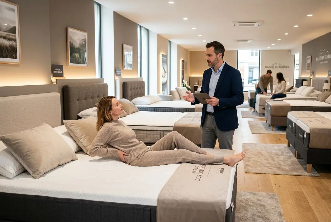 Consultation en magasin de matelas : une cliente allongée sur un lit, discuter avec un vendeur qui tient une tablette, ambiance showroom avec plusieurs lits et canapés. Intégration du mot-clé: comment choisir un matelas adapté.