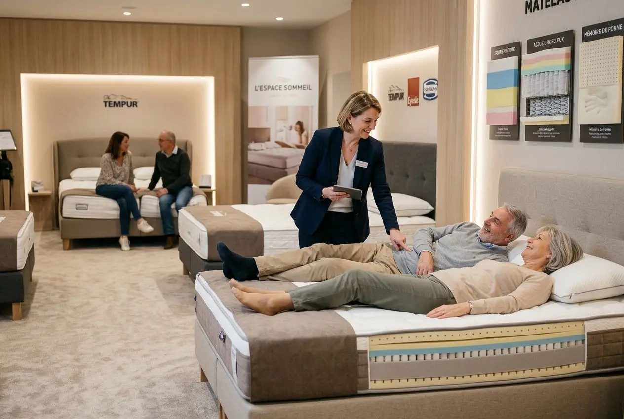 Couple âgé testé un matelas en magasin avec une conseillère, dans une boutique Tempur, ambiance showroom lumineuse. Comment choisir un matelas adapté est facilité par l'exemple en solde d'été.