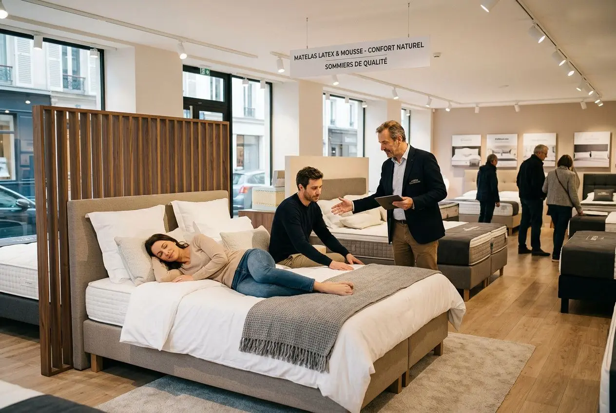 Couple testant un matelas en magasin avec conseiller, ambiance showroom lumineux et lit confortisé. Intègre le conseil sur comment choisir un matelas adapté.