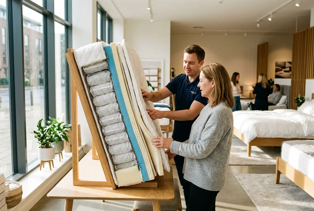 Deux clients examinent une sélection de matelas et de literie sur un support inclinable dans un showroom, près d’une grande fenêtre lumineuse.