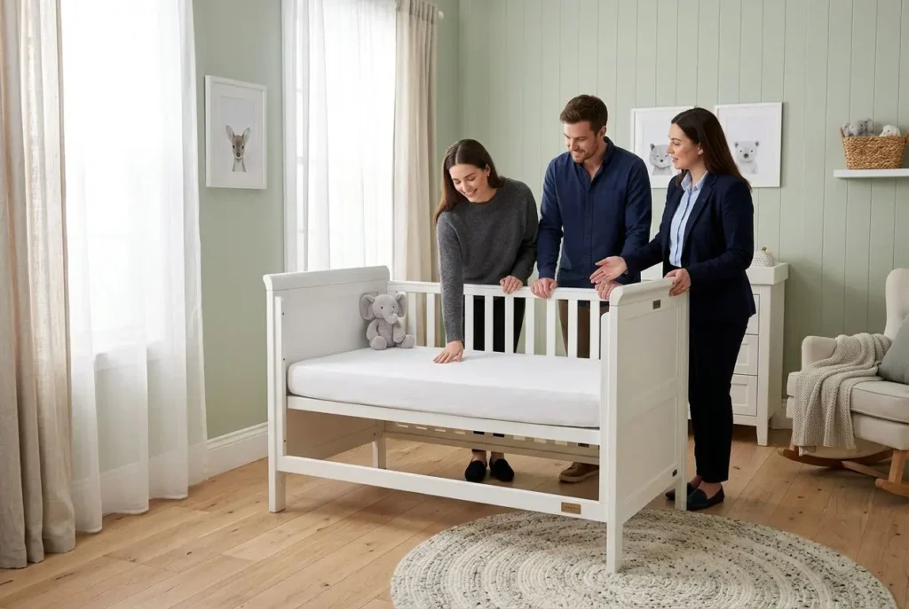 Famille réunie autour d’un lit enfant blanc en bois, prêts à vérifier la hauteur et la sécurité, dans une chambre lumineuse. Intègre la notion de taille de lit selon l'âge.