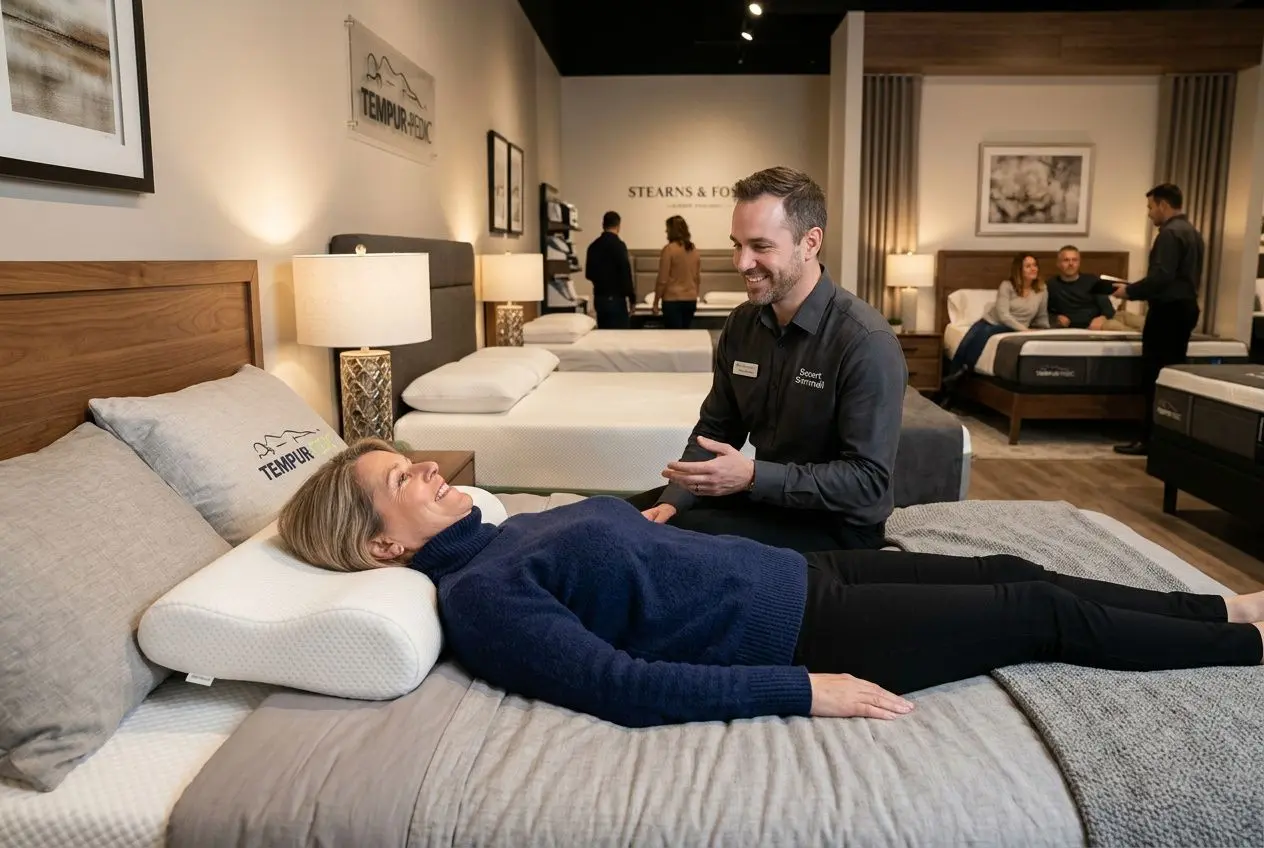 Femme allongée sur un matelas dans un magasin, tester un oreiller cervical ergonomique, vendeur souriant à côté.