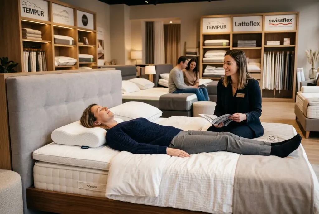 Femme allongée sur un oreiller cervical ergonomique dans un showroom, conseillère souriante lit affiches et matelas derrière elle. meilleur oreiller ergonomique cervical.