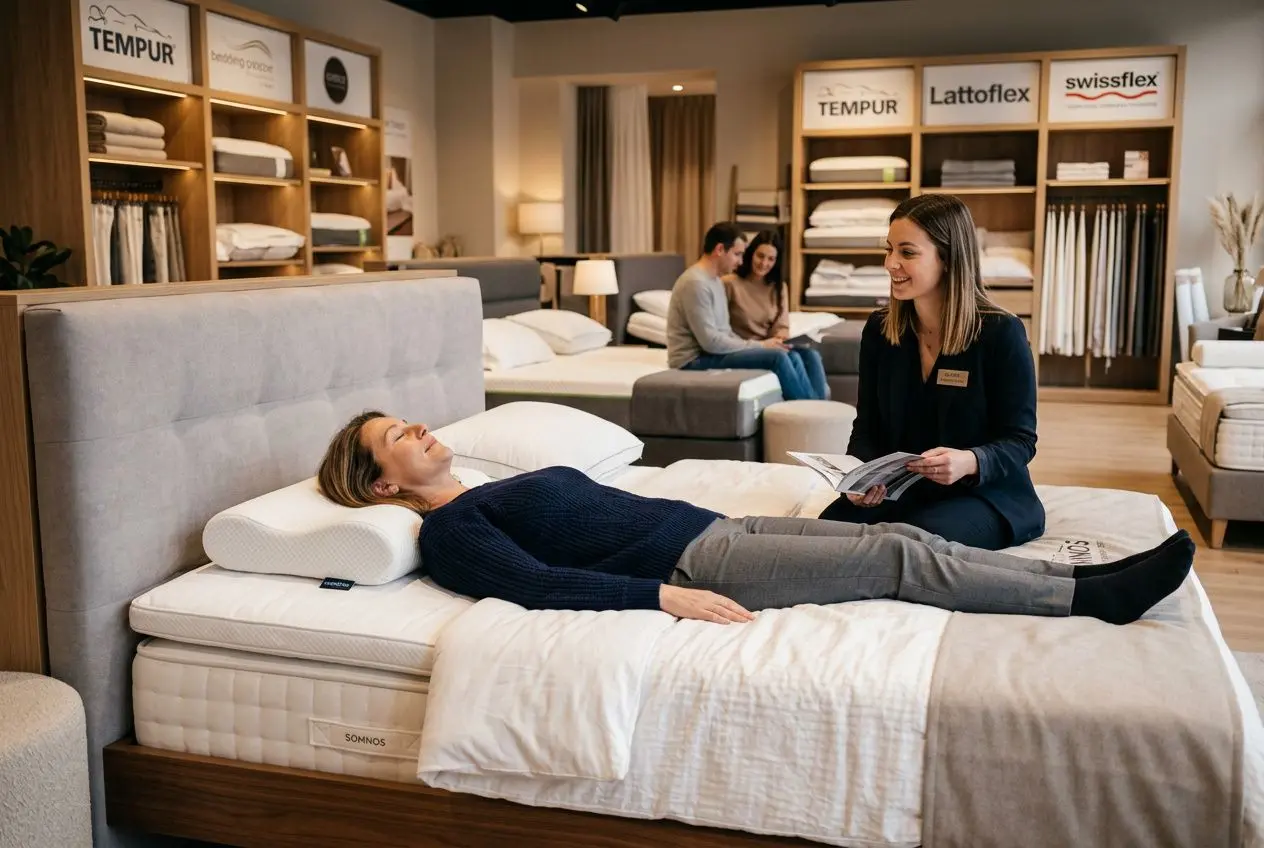 Femme allongée sur un oreiller cervical ergonomique dans un showroom, conseillère souriante lit affiches et matelas derrière elle. meilleur oreiller ergonomique cervical.