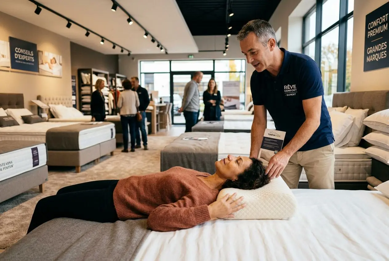 Homme testant un oreiller cervical sur un lit, dans un showroom de matelas; vendeurs et clients en arrière-plan. Intègre le concept meilleur oreiller ergonomique cervical.