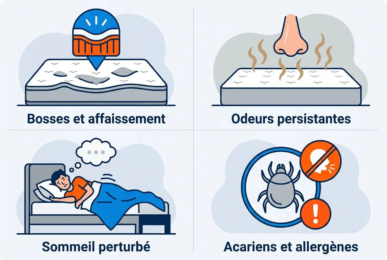 Lit avec renforcement visuel montrant une literie adaptée pour senior: confort et accès, souligné par des icônes de sommeil et sécurité.