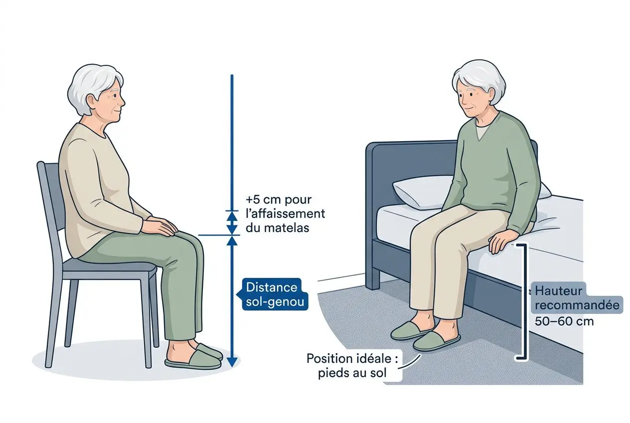Literie pour senior : illustration montrant deux positions assises et au lit, avec hauteur recommandée 50–60 cm et distance sol-genou pour faciliter l’entrée et la sortie du lit.