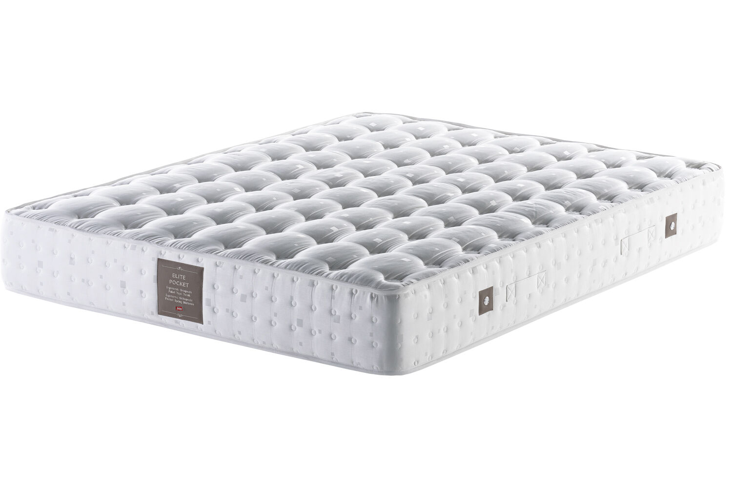Matelas blanc à ressorts et coussinage tufté, posé vue de côté, avec étiquettes latérales visibles. Intègre: combien de temps peut on garder son matelas.