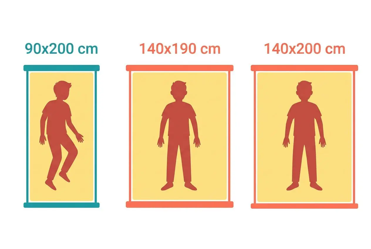 Taille de lit enfant avec trois options 90x200 cm, 140x190 cm et 140x200 cm, silhouettes d’enfants pour comparaison.