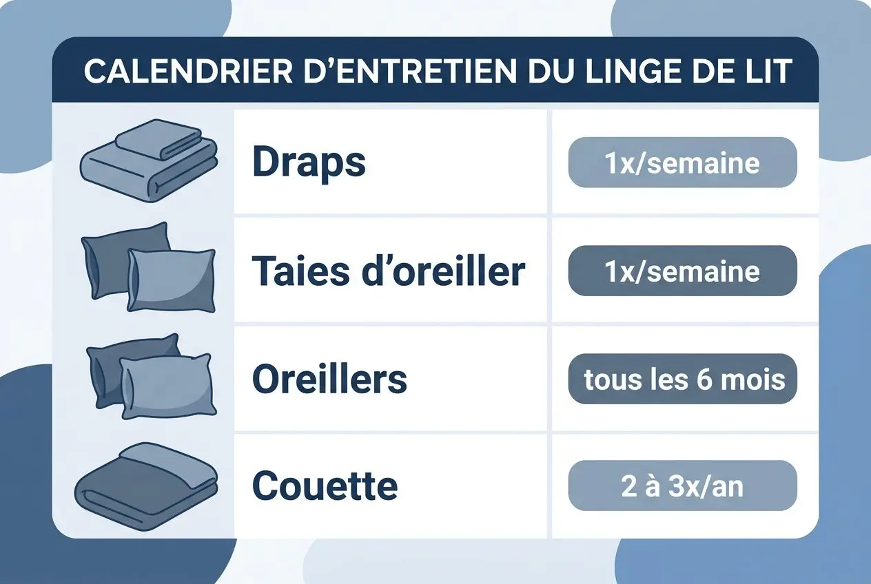 Calendrier d’entretien du linge de lit montrant draps, taies d’oreiller, oreillers et couette avec fréquence d’entretien. Note: Intègre le mot-clé fourni: "l'entretien et hygiène de la literie" de manière naturelle. However the description must be ALT text describing the image. We should include keyword if natural. Perhaps: "Calendrier d’entretien du linge de lit illustrant l'entretien et hygiène de la literie : draps, taies d’oreiller, oreillers et couette avec leurs fréquences." Keep within 125 chars. Let's craft: "Calendrier d’entretien du linge de lit illustrant l'entretien et hygiène de la literie : draps, taies, oreillers et couette." That's 136. Let's shorten: "Calendrier d’entretien du linge de lit illustrant l'entretien et l'hygiène de la literie: draps, taies, oreillers et couette." Count rough. I'll produce: "Calendrier d’entretien du linge de lit illustrant l'entretien et l'hygiène de la literie: draps, taies, oreillers et couette." That's about 120 chars. Provide. Ensure no quotes. Also avoid accented? fine. Let's finalize.