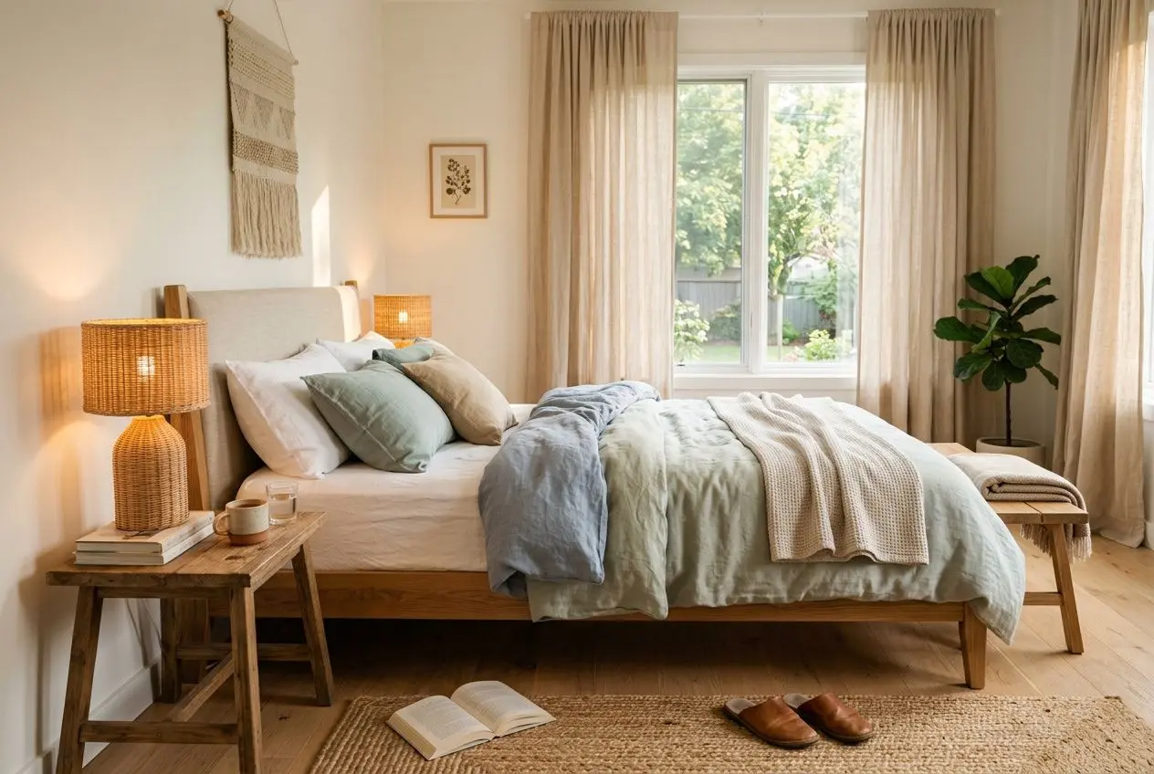 Chambre cosy et lumineuse prête à relooker sa chambre pendant les vacances d'été avec lit douillet, rideaux clairs et textiles pastel.