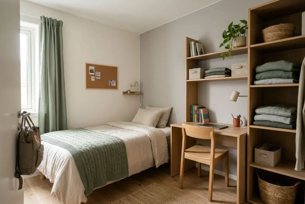 Chambre d’étudiant cosy avec lit simple, bureau et étagères organisées pour meubler un kot étudiant et optimiser le confort.