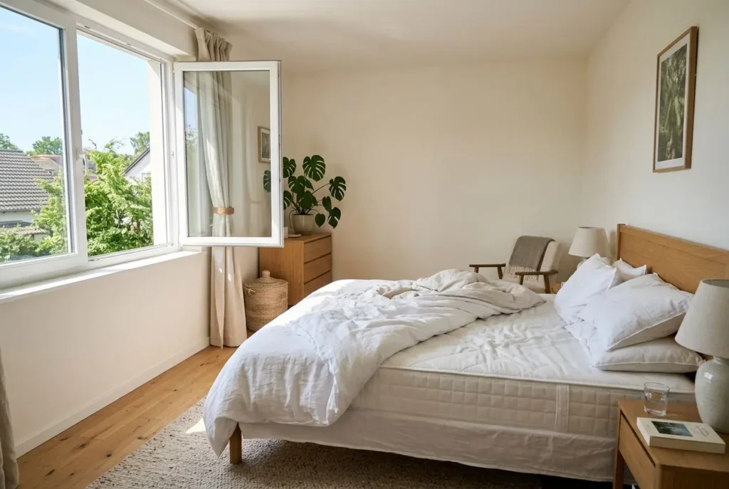 Chambre lumineuse avec lit double bien appuyé, draps blancs froissés, tables de chevet et lampes, fenêtre ouverte laissant entrer l’air et une plante verte. Alt texte intégrant "l'entretien et hygiène de la literie" de manière naturelle.