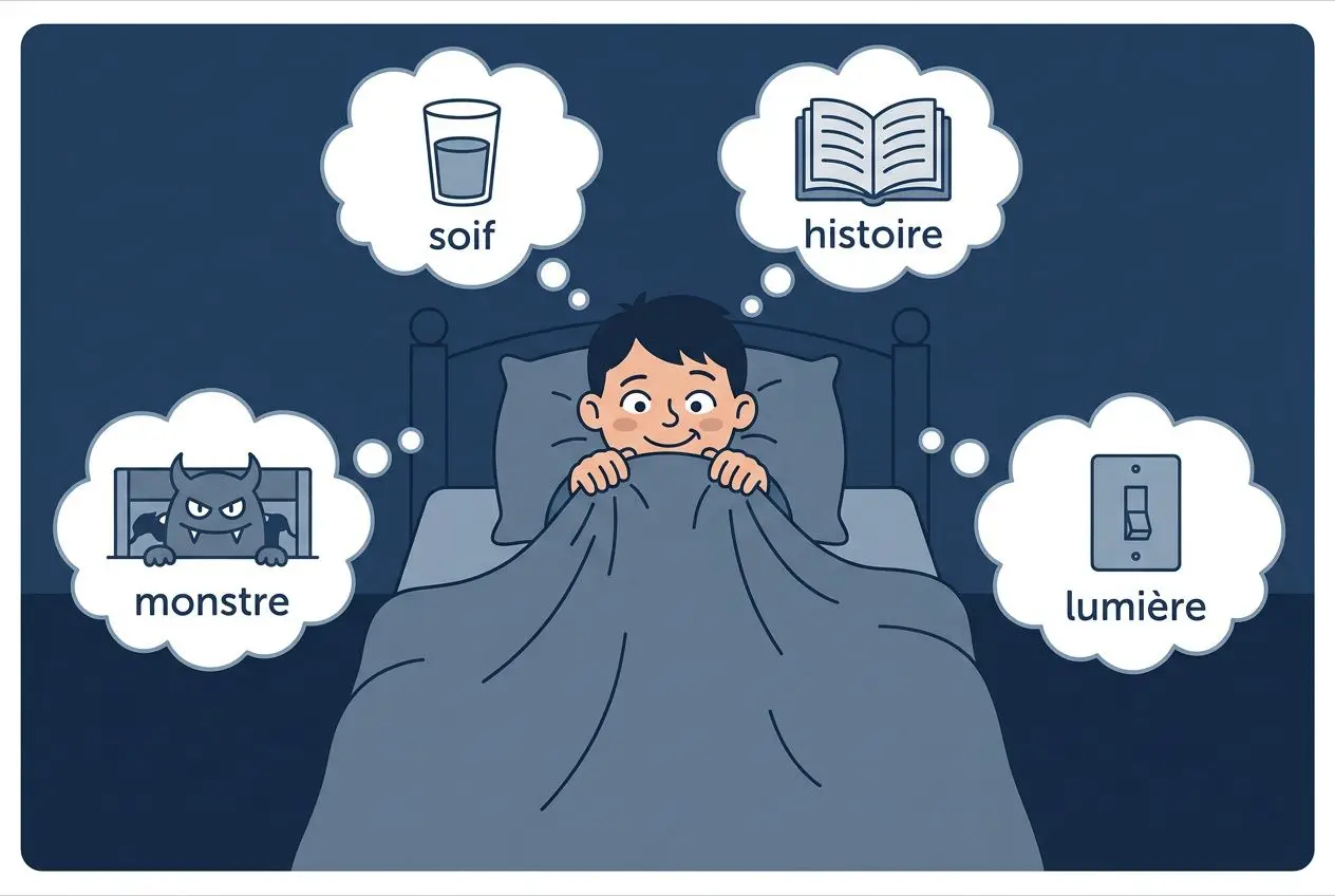 Enfant au lit, entouré de bulles d’idées: soif, histoire, monstre et lumière, illustrant des excuses les plus drôles pour rester au lit le matin