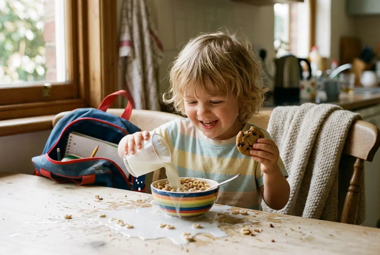 Enfant souriant, petit-déjeuner céréales et lait sur une table, cookies à la main, dans une lumineuse et décontractée. les excuses les plus drôles pour rester au lit le matin