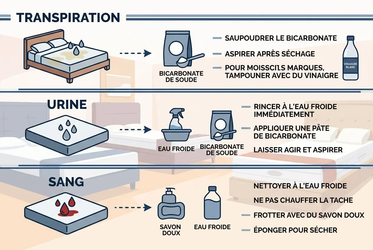 Illustration sur l’entretien et hygiène de la literie: schéma "transpiration, urine, sang" avec bicarbonate de soude, vinaigre, lavage doux et séchage.