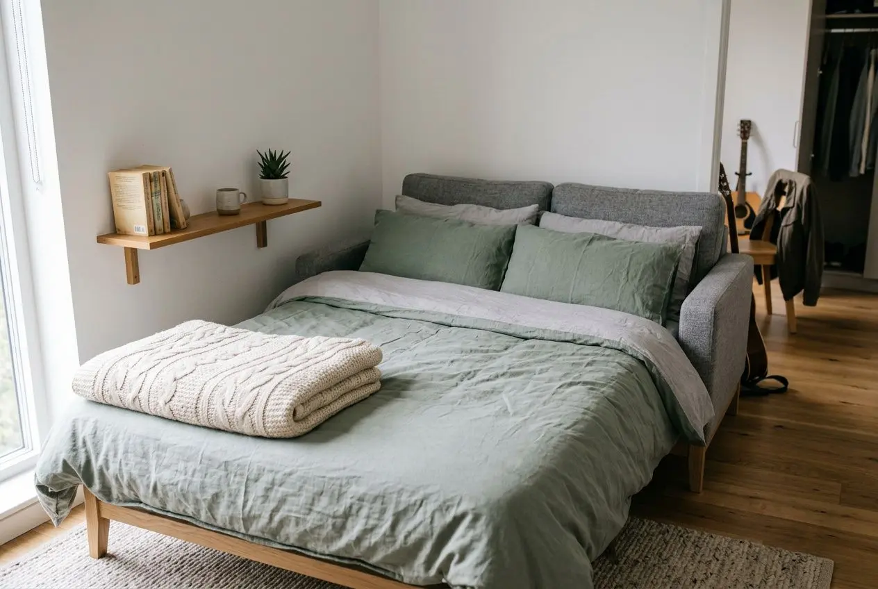 Lit double confortable dans un kot étudiant, avec duvet gris et coussins, bureau discret et petite étagère, ambiance chaleureuse et rangement optimisé. Meubler un kot étudiant avec simplicité.