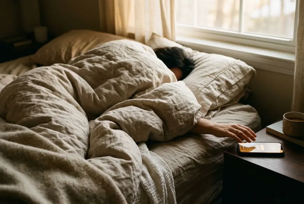 Personne endormie sous une couverture dans un lit, près d’une table de chevet avec une tasse et un téléphone. Intègre les excuses les plus drôles pour rester au lit le matin.