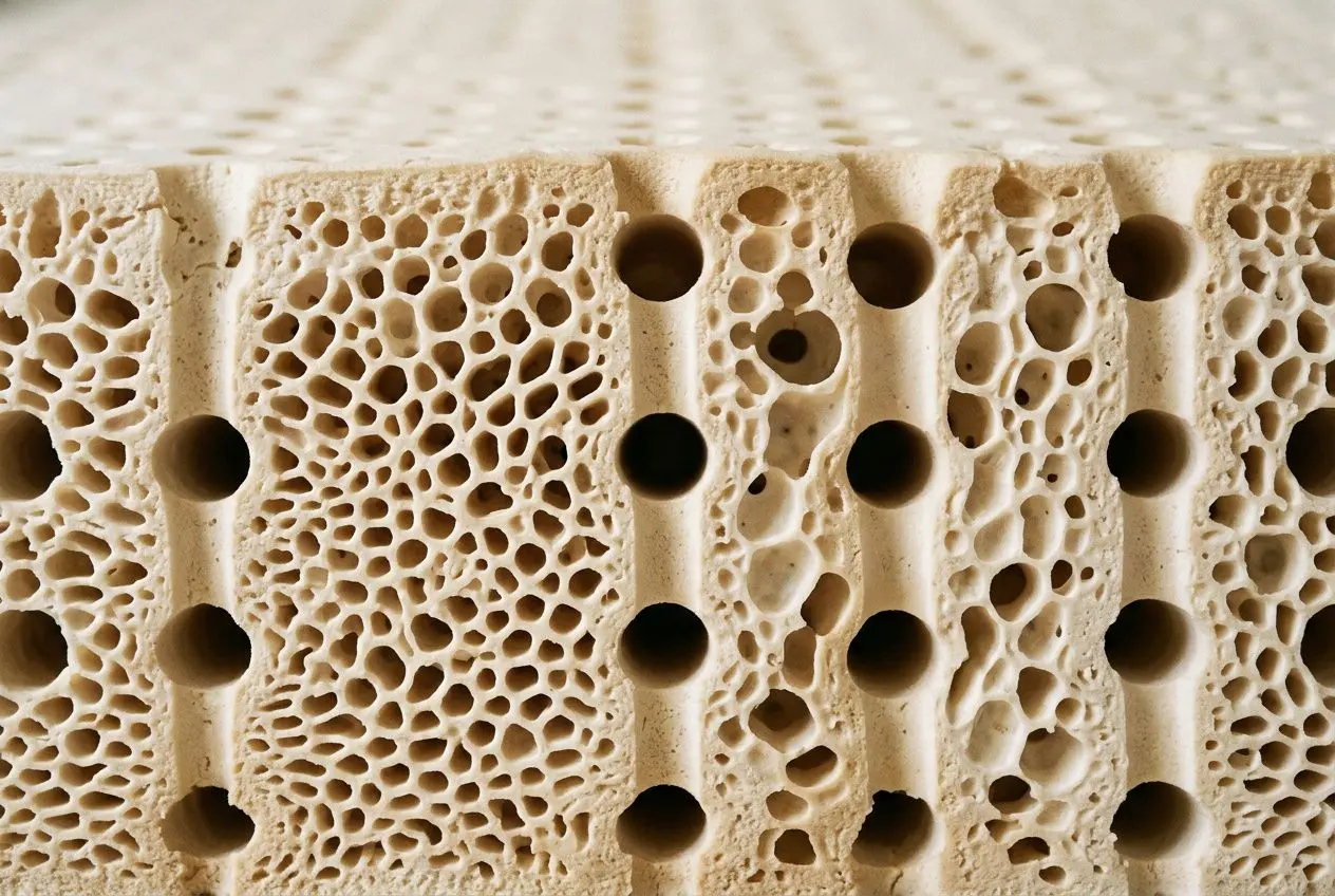 Aperçu en coupe d’un matelas en mousse avec micro-cellules, pores et ventilation, suggérant soutien et aération. Meilleur matelas ressorts ou latex.
