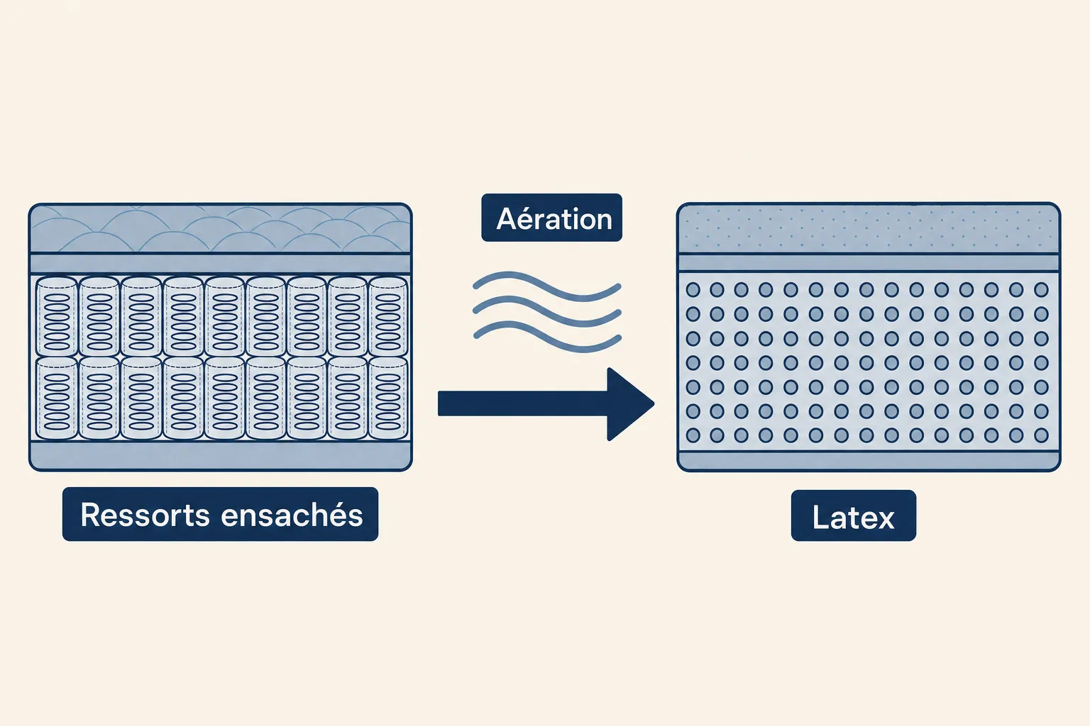 Comparatif illustration: matelas à ressorts ensachés libérant l’aération vers un matelas en latex, avec flèche directionnelle. meilleur matelas ressorts ou latex.