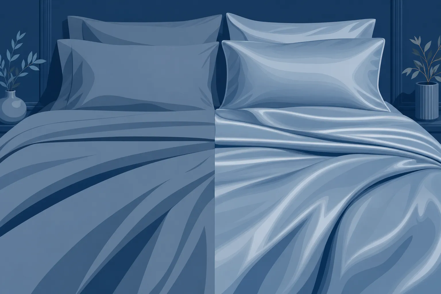 Draps lustrés en satin bleu uniformes des deux côtés, avec deux oreillers assortis sur un lit, ambiance bedding élégante et soignée. le confort apporté par le linge de lit est évoqué par la touche satinée et apaisante.