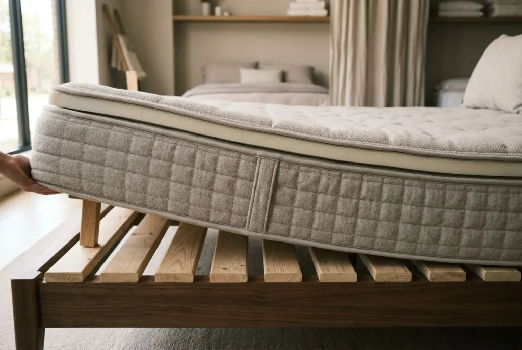 Lit avec sommier à lattes en bois, matelas dessus, regardant la pièce lumineuse et le confort du couchage. Quel lien entre un sommier et un matelas?
