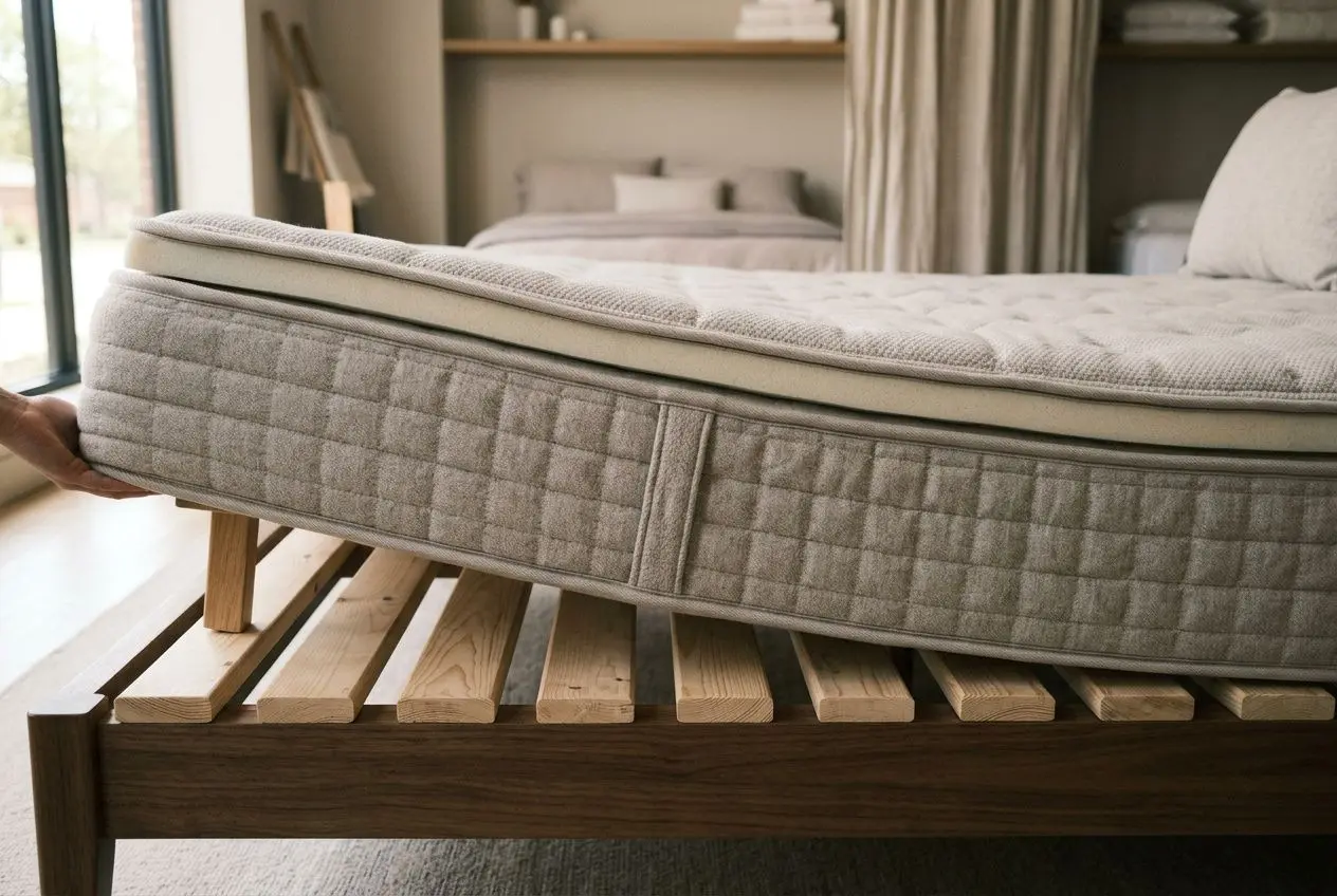Lit avec sommier à lattes en bois, matelas dessus, regardant la pièce lumineuse et le confort du couchage. Quel lien entre un sommier et un matelas?