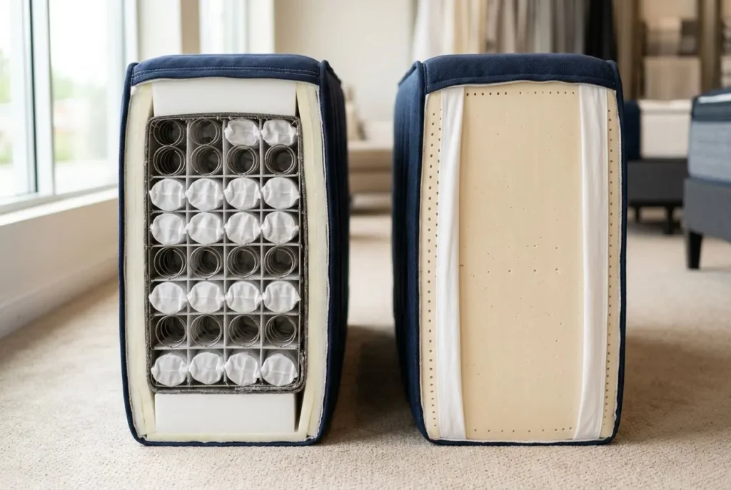 Meilleur matelas ressorts ou latex : vue de deux boîtes de ressorts enroulés et d’un matelas recouvert, prêts pour l’essai, pour comparer soutien et confort.