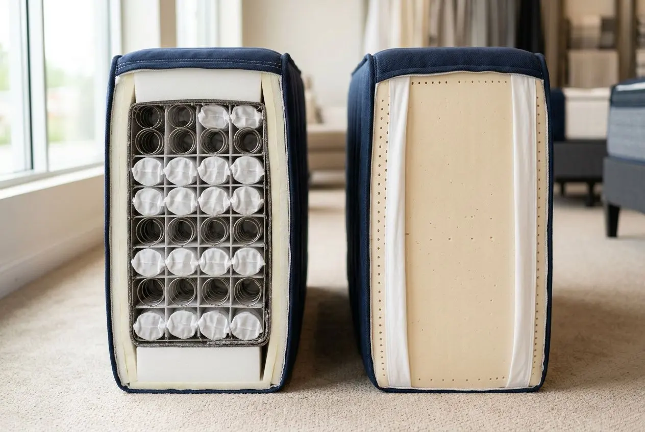 Meilleur matelas ressorts ou latex : vue de deux boîtes de ressorts enroulés et d’un matelas recouvert, prêts pour l’essai, pour comparer soutien et confort.