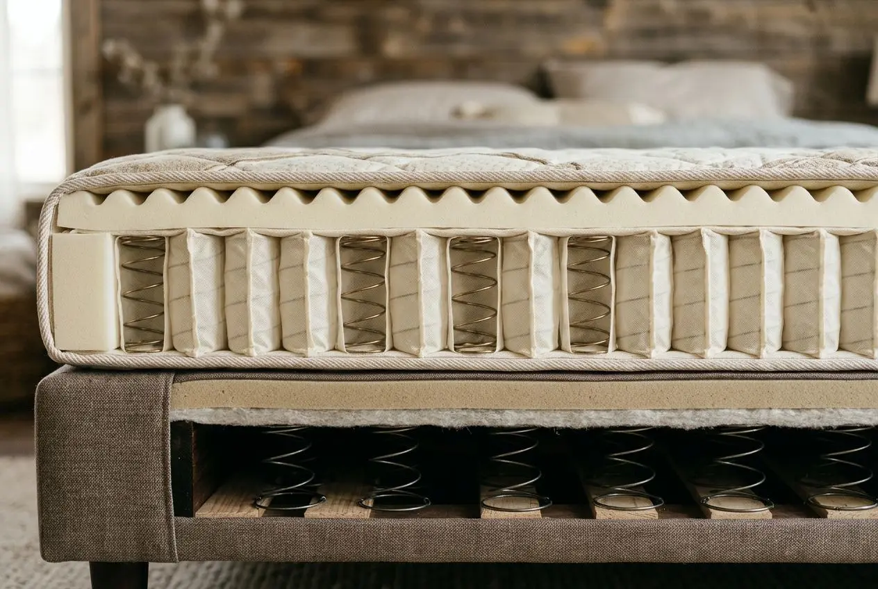 Sommier et matelas en coupe, montrant la structure à ressorts et la latte, illustrant le lien entre un sommier et un matelas.