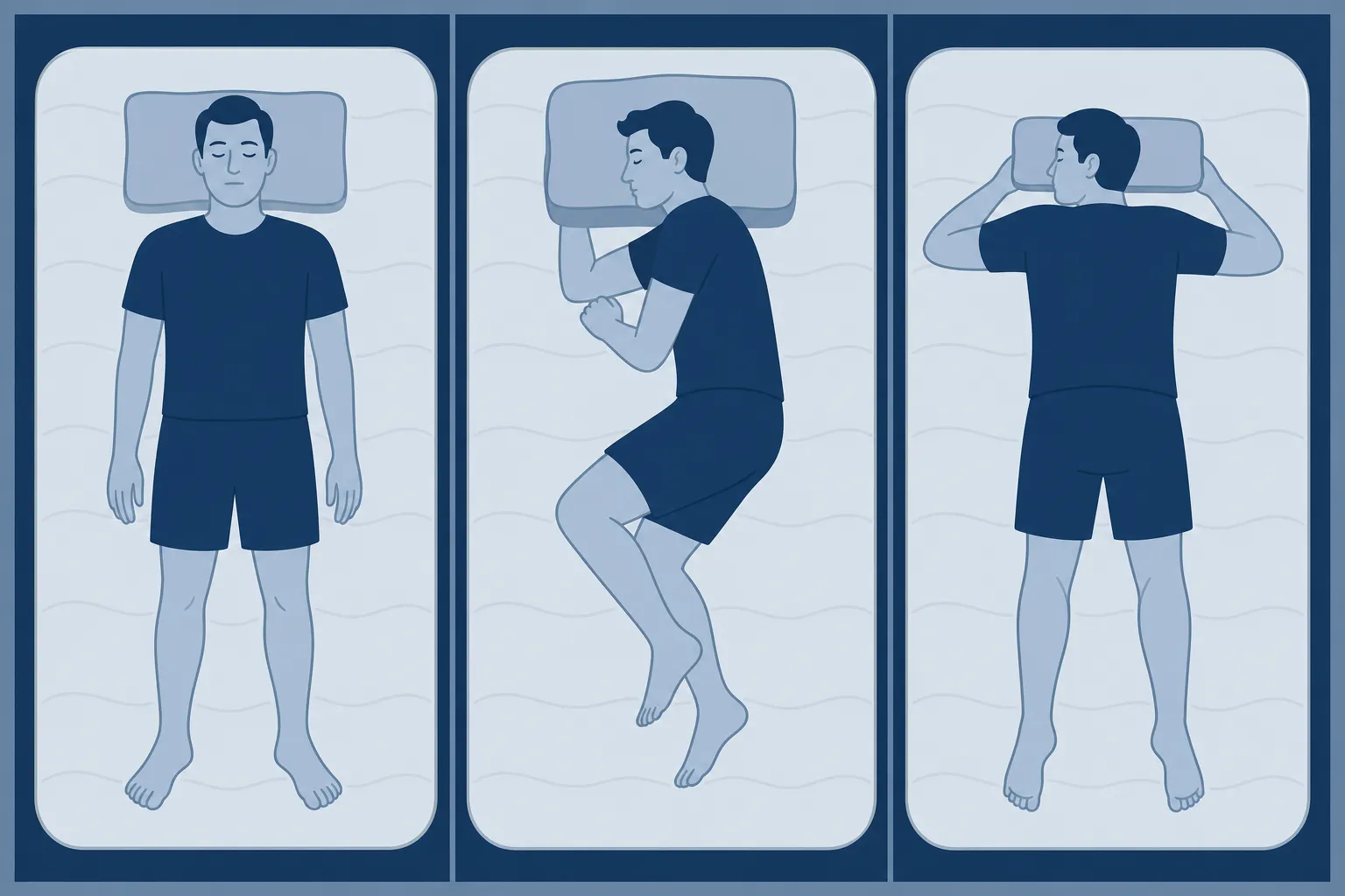 Trois étapes illustrant le lien entre l'oreiller et le matelas: position coucher, alignement cervical, et repos sur le matelas.