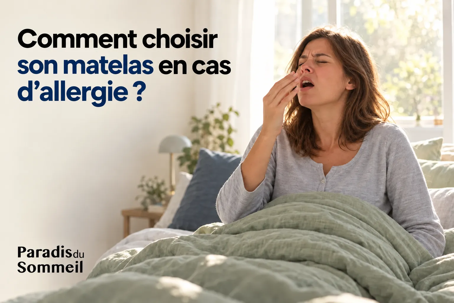 Comment choisir son matelas en cas d’allergie ? femme dans le lit, qui se mouche/respire difficilement, couverture en