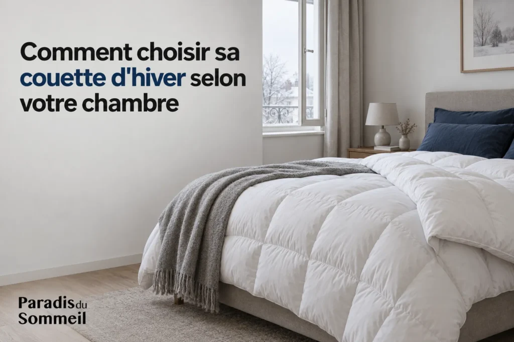 Le lit fait avec une couette blanche épaisse et une couverture gris clair posée sur le côté dans une chambre lumineuse.