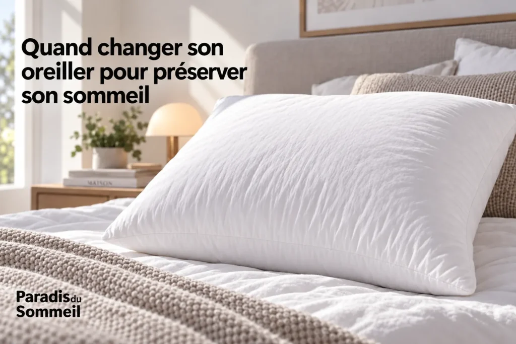 Oreiller blanc sur lit avec couverture beige, texte "Quand changer son oreiller pour préserver son sommeil" et logo Paradis